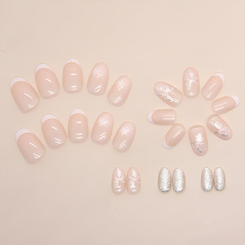 winthrop Christmas Press On Nails Short Medium Almond Fake Nails, French Snowflake Bow Glitter Acrylic Full Cover False Nails Set, Natural Perfectly Reusable Stick On Nails Suitable for Women Girls - Image 3
